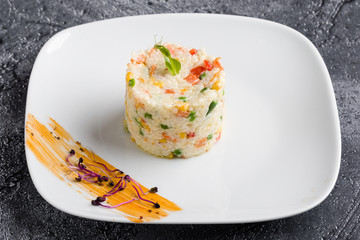 cooked tasty rice portion on white plate