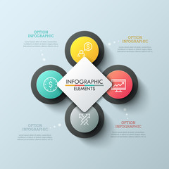 Chart with 4 circular elements, thin line icons inside them and white square in center. Four steps of cyclical process concept. Unique infographic design template. Vector illustration for report.