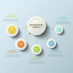 Flow chart, central round element connected with 5 numbered options by dotted lines. Five features of company's services concept. Modern infographic design layout. Vector illustration for brochure.