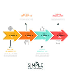 Four numbered arrows successively connected into horizontal line, pictograms and text boxes. Step-by-step manual visualization concept. Minimalistic infographic design template. Vector illustration.