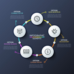 Obraz premium Round flowchart with 5 white circular elements connected by multicolored lines and play buttons. Unique infographic design template. Successive steps of deal making concept. Vector illustration.