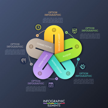 Unusual infographic design layout. 5 colorful elements with gaps connected together, thin line symbols and text boxes. Visualization of cyclic process with five steps. Vector illustration.