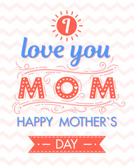 Happy Mothers Day typography with zig zag background,ribbon and hearts.Seasons greetings card perfect for prints,banners,invitations,special offer and more.Vector Mothers Day card.