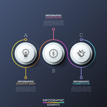 Three round elements with linear symbols inside, colored line going around them and text boxes. Infographic design template. Concept of 3 interdependent steps of business process. Vector illustration.