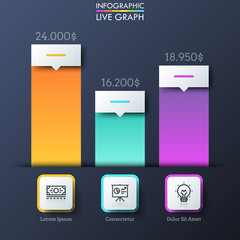 Diagram with 3 multicolored bars, indication of corresponding amount of money and thin line pictograms. Bright infographic design layout. Comparison of annual income concept. Vector illustration.