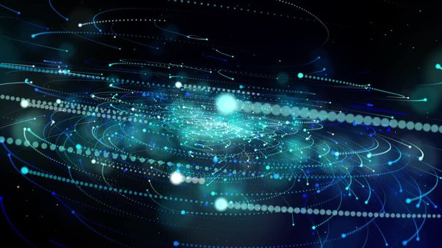4K motion graphic simulation of galaxy light motion of stars in dark background, future energy and data technology of cyber programming concept in blue theme for presentation abstract background used.