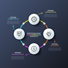 Circular diagram with 4 round white elements connected by colorful lines and play buttons. Modern infographic design layout. Concept of closed cycle system. Vector illustration for presentation.