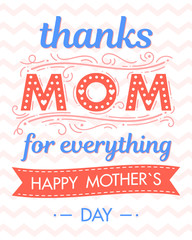 Happy Mothers Day typography with zig zag background,ribbon and hearts.Seasons greetings card perfect for prints,banners,invitations,special offer and more.Vector Mothers Day card.