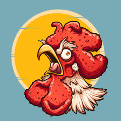 Angry crowing rooster with sun in the background. Vector clip art illustration with simple gradients. Some elements on separate layers. © Memoangeles