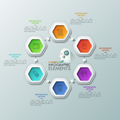 Six colorful hexagons with thin line pictograms inside placed around center and connected by lines and play buttons. 6 steps of cyclical process. Infographic design template. Vector illustration.