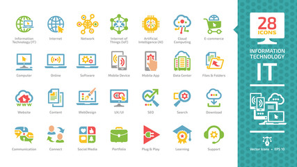Fototapeta Information technology color glyph icon set with IT network communication system, computer tech, data center, web internet service, social media, portfolio, plug & play, learning and support pictogram obraz