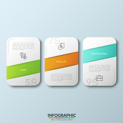 Fototapeta na wymiar Three separate white rounded rectangles with headings, thin line icons, price indication and place for text. Concept of 3 website subscription plans. Infographic design template. Vector illustration.