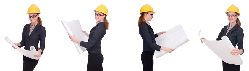 Female architect with blueprint isolated in white 