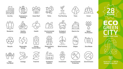 Eco green city editable stroke line icon set with environment ecology town infrastructure, renewable solar and wind electric energy, recycle technology, urban tree save, global friendly outline sign.
