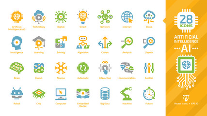 Vector artificial intelligence color icon set with machine learning, smart robotic tech and computer network digital AI technology: internet, cloud, solving, algorithm, choice, analysis colorful sign.