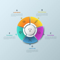 Round diagram divided into 5 colorful pieces and circular element in center, thin line icons and arrows pointing at text boxes. Web navigation tool. Infographic design layout. Vector illustration.