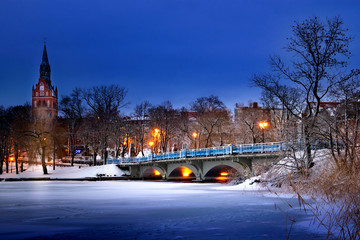 View of the bridge on the Elk lake in winter. Masuria, Poland.