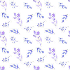 Fototapeta na wymiar Watercolor pattern with watercolor sprigs, leaves and flowers on a white background. Well suited for printing on fabrics. Colors are gray and blue.