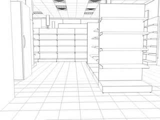 shop, store, contour visualization, 3D illustration, sketch, outline
