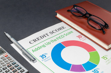 Credit score on a desk and calculator.