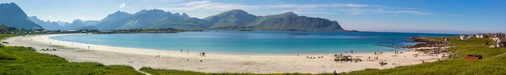 Ramberg beach and mountains on Flakstadoya island in Lofoten in Norway