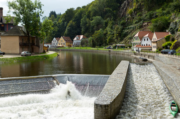 Naklejka premium ancient historical houses near Vltava River in Cesky Krumlov. South Bohemia, Czech Republic...