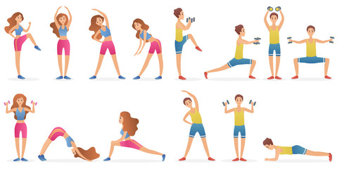 Fototapeta na wymiar Young man and woman different gymnastic poses and yoga asana set isolated on white background. Healthy lifestyle sport cartoon vector illustration.