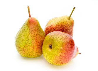 Fresh bio pear with leaves on isolated white background.