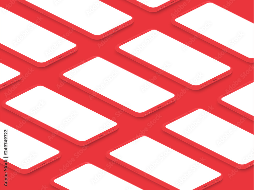 Poster Isometric realistic red shiny mockup smartphones with blank screens grid. Mobile app user interface for infographic, visual ui, commercial, advertisement, app demonstration vector illustration.