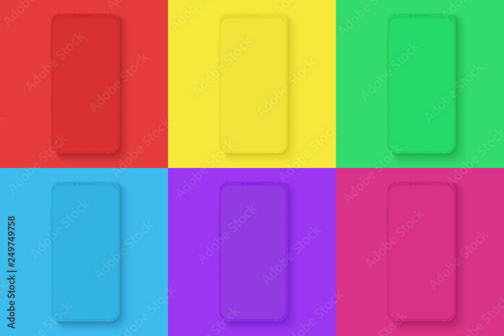 Poster smartphone icons set on the different bright colors square background for infographic, visual ui, co