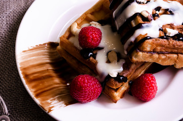Viennese waffles with chocolate and cream topping