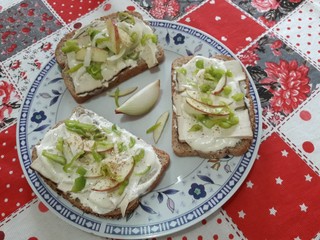 Vegan open sandwiches with tofu spread, organic smoked tofu, apple, onion, and bishop crown pepper on quinoa and brazil nut wholemeal bread slices.