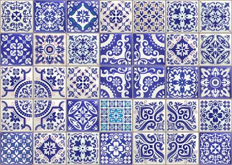 Fototapete Portugal Keramikfliesen Nahtlose Patchworkfliese mit viktorianischen Motiven. Majolika-Keramikfliese, farbiges Azulejo, original traditionelles portugiesisches und spanisches Dekor. Trendillustration für Drucktapeten, Stoff, Papier und mehr