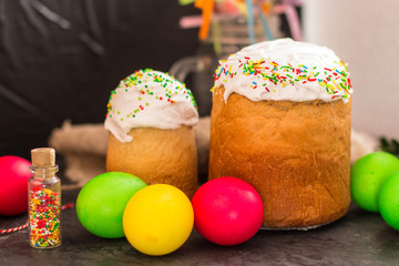 easter cake and easter eggs, traditional holiday design (happy easter!). top view. food background