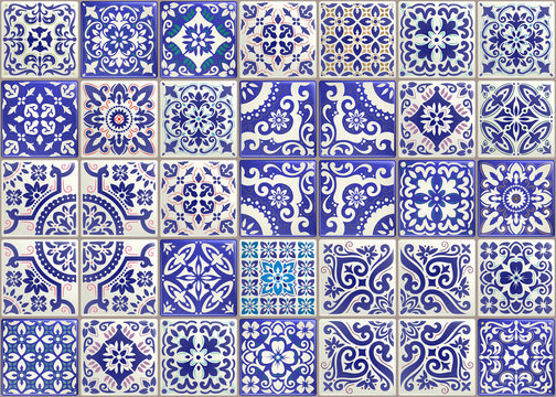 Seamless patchwork tile with Victorian motives. Majolica pottery tile, colored azulejo, original traditional Portuguese and Spain decor. Trend illustration for print wallpaper, fabric, paper and more