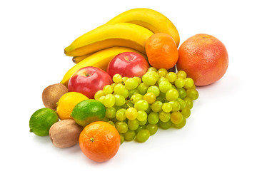 Assortment of fresh exotic fruits, close-up, isolated on white background