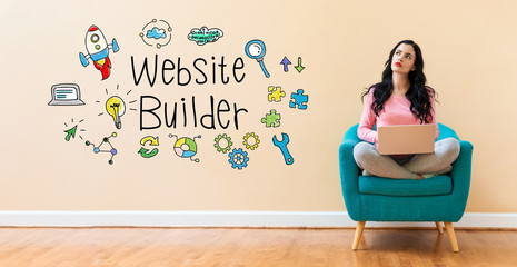 Website builder with young woman using a laptop computer 