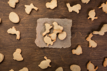 Easter gingerbread cookies. Eggs and rabbits. Top view.