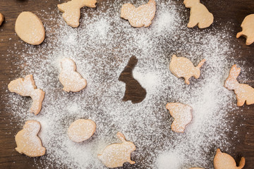 Easter gingerbread cookies. Eggs and rabbits. Top view.