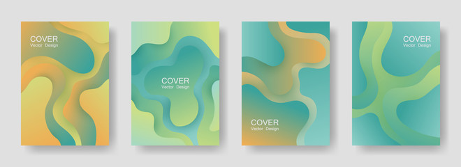 Gradient liquid shapes abstract covers vector set. Trendy brochure backgrounds design. Organic bubble fluid splash shapes, oil drop molecular mixture concept pattern. Cover layouts.
