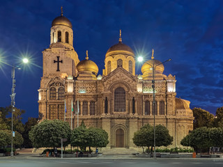 Cathedral of the Dormition of the Mother of God in Varna in dusk, Bulgaria. The cathedral was built in 1880-1886.