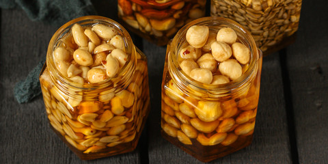 honey and nuts mix grain, seeds tasty and healthy dessert. top food background. copy space