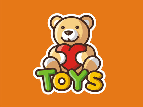 Toys logo. Vector template of a bear. Children's shop. Positive character. Colored background.