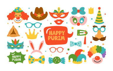 Purim holiday cute carnival costume masks and elements set.