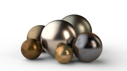 3D illustration of a set of spheres of different diameter, different material. Metal, gold, silver and other jewelry on a white surface, isolated. Abstraction. 3D rendering.