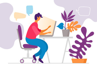 Young man working on computer in search of ideas, problem solving, chatting, brainstorming business concept