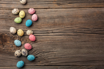 Quails eggs. Easter greeting card. Top view with space for your greetings