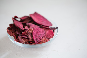 beetroot chips.Dried beetroot chips isolated on white background.copy spase.