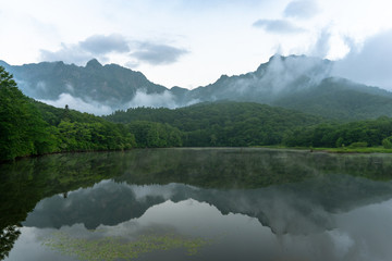 Kagami Pond reflecting Mt Togakushi