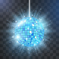 Retro disco ball blue vector, shining club symbol of having fun, dancing, dj mixing, nostalgic party, entertainment. Illustration on transparent background. Projector lights reflect in mirror surface.